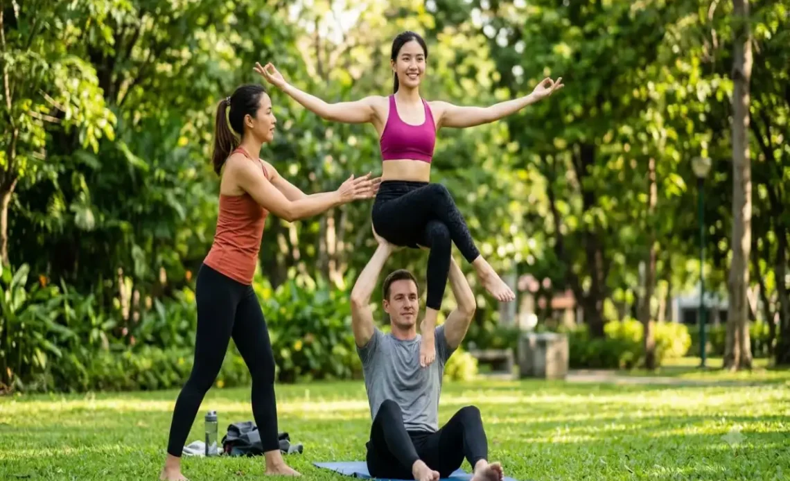 three person acro yoga poses